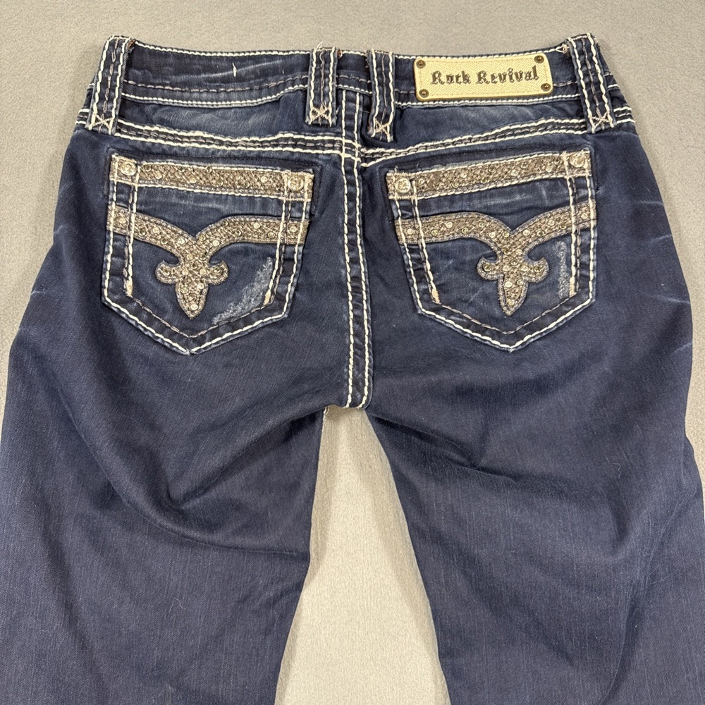 Rock Revival Women 2632SHERRY Skinny Jeans Rhinestone DARK THICK STITCH WHISKERS